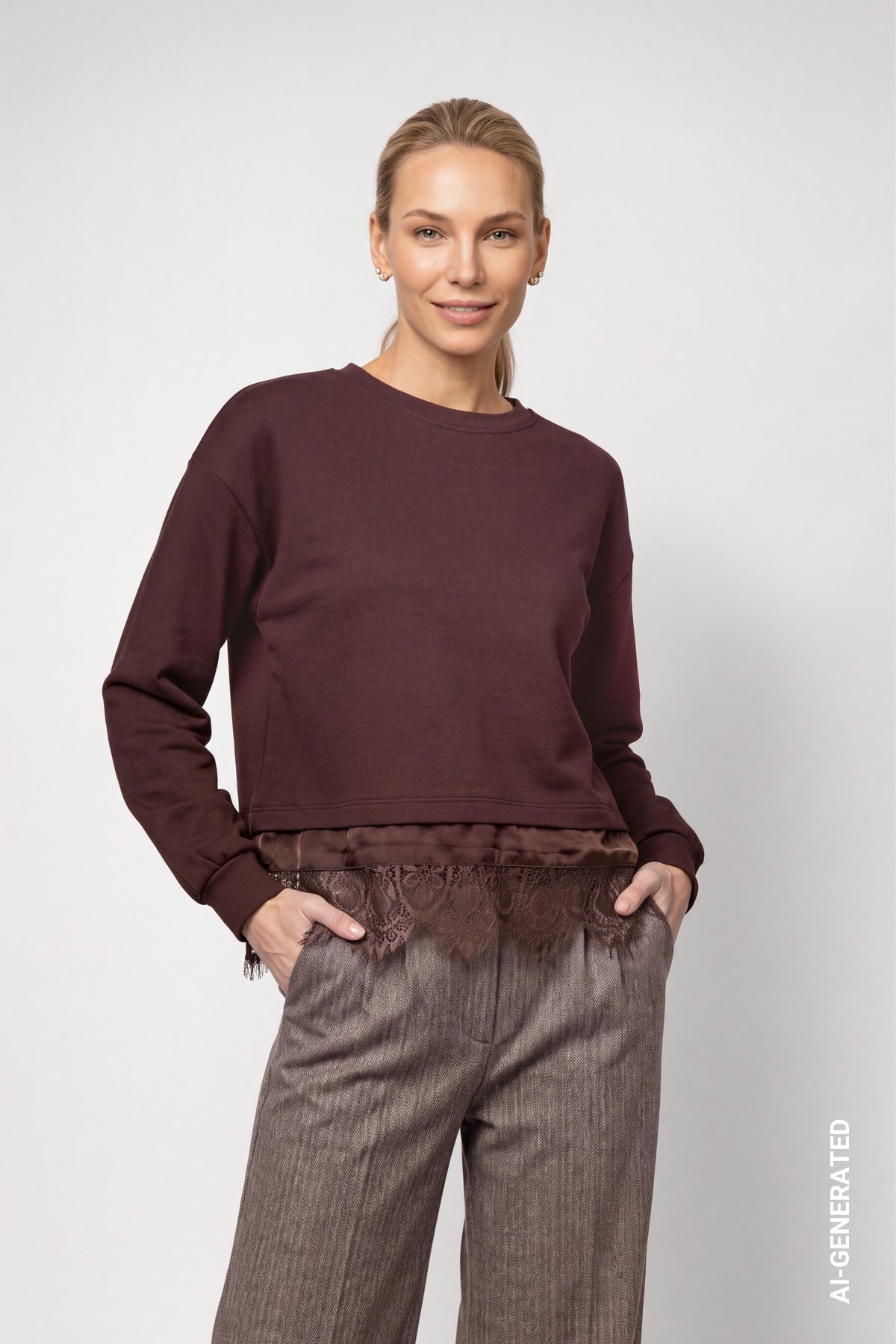 Sweatshirt mit Spitzenborte (Dark Brown)