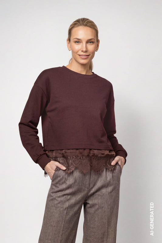 Sweatshirt mit Spitzenborte (Dark Brown)
