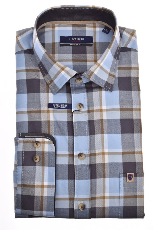 HATICO- Sport Hemd Regular Fit Langarm (Karo Hellblau)