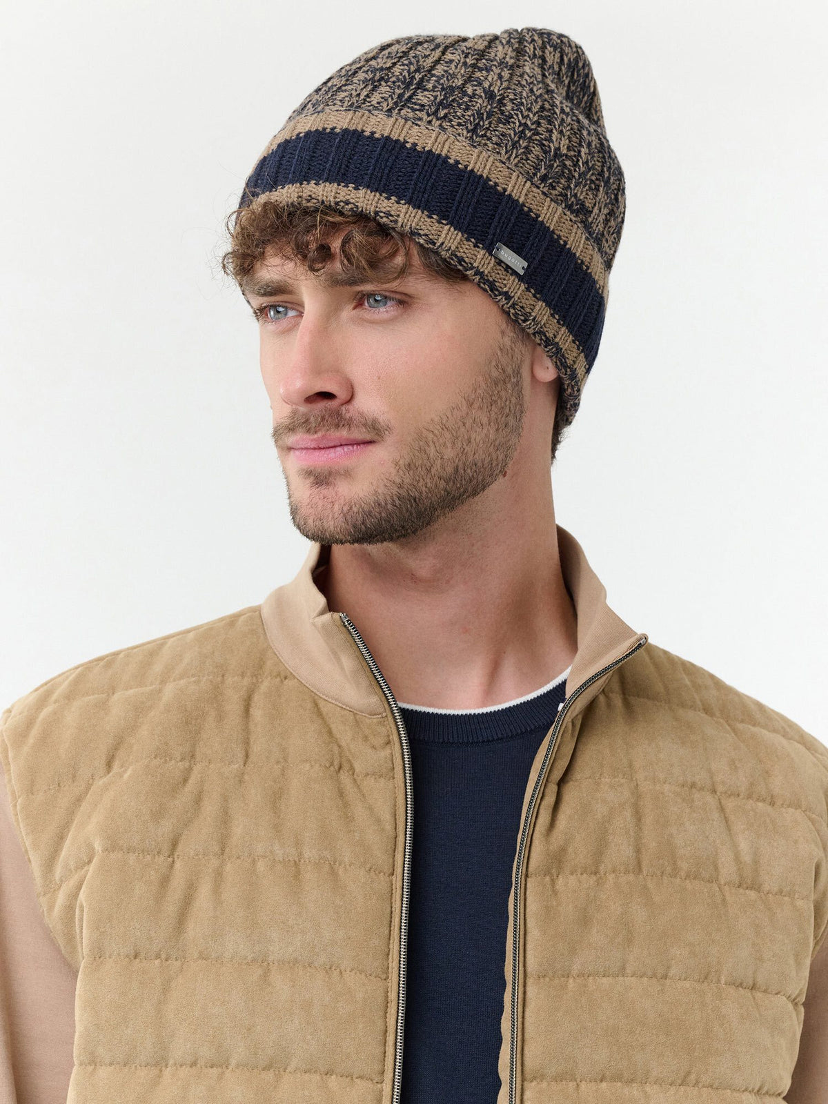 Polyacryl Kopfbedeckung Melierte bugatti Beanie mit farblich abgesetzem Umschlag (Navy)