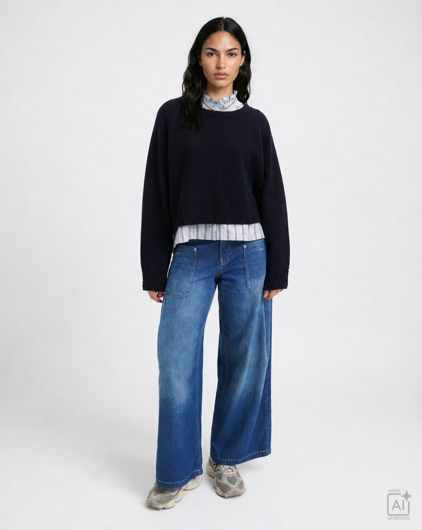 Round Neck Pullover Cable Hem (Marine)