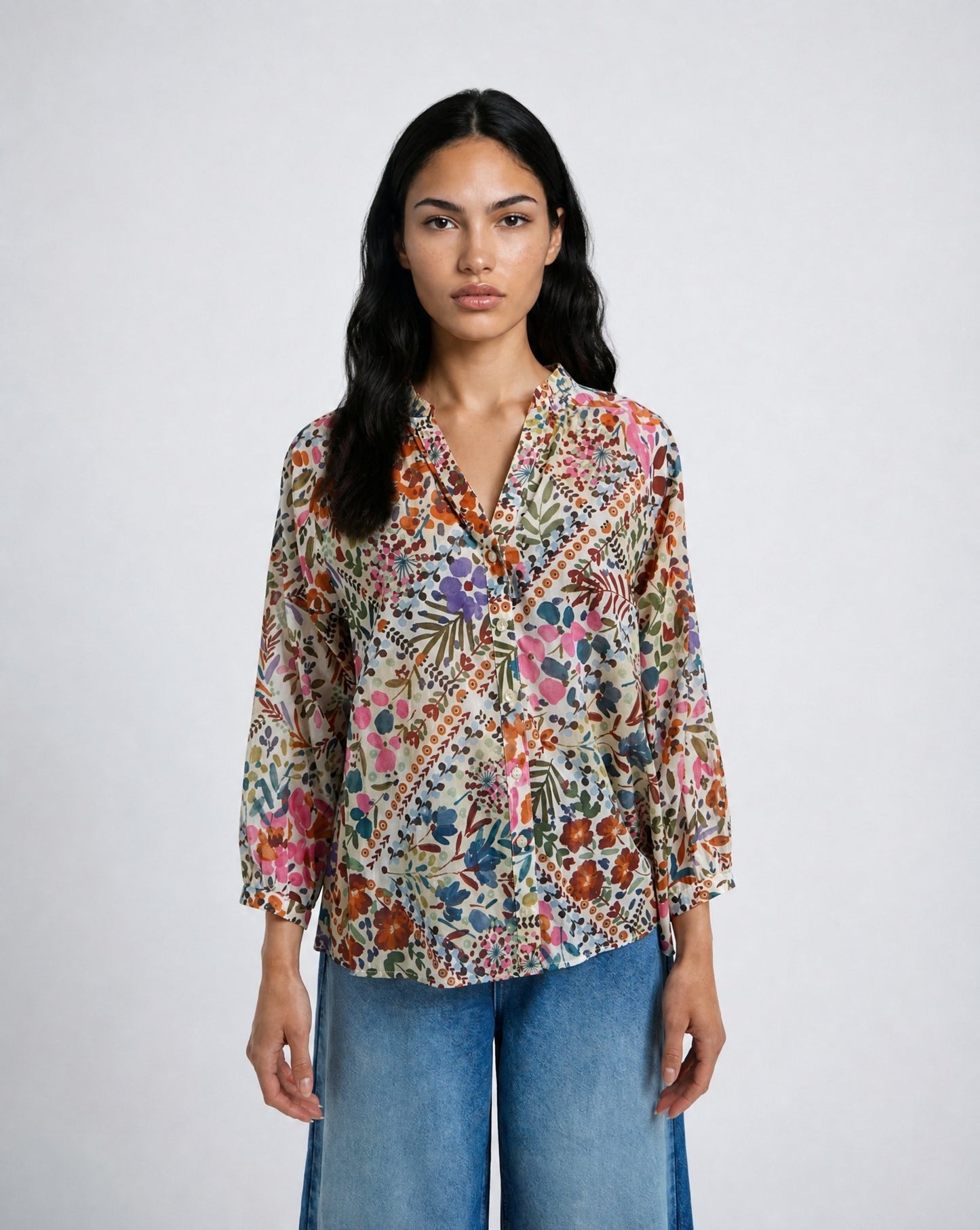Raglan Ruffle Neck Blouse (Beige Print)