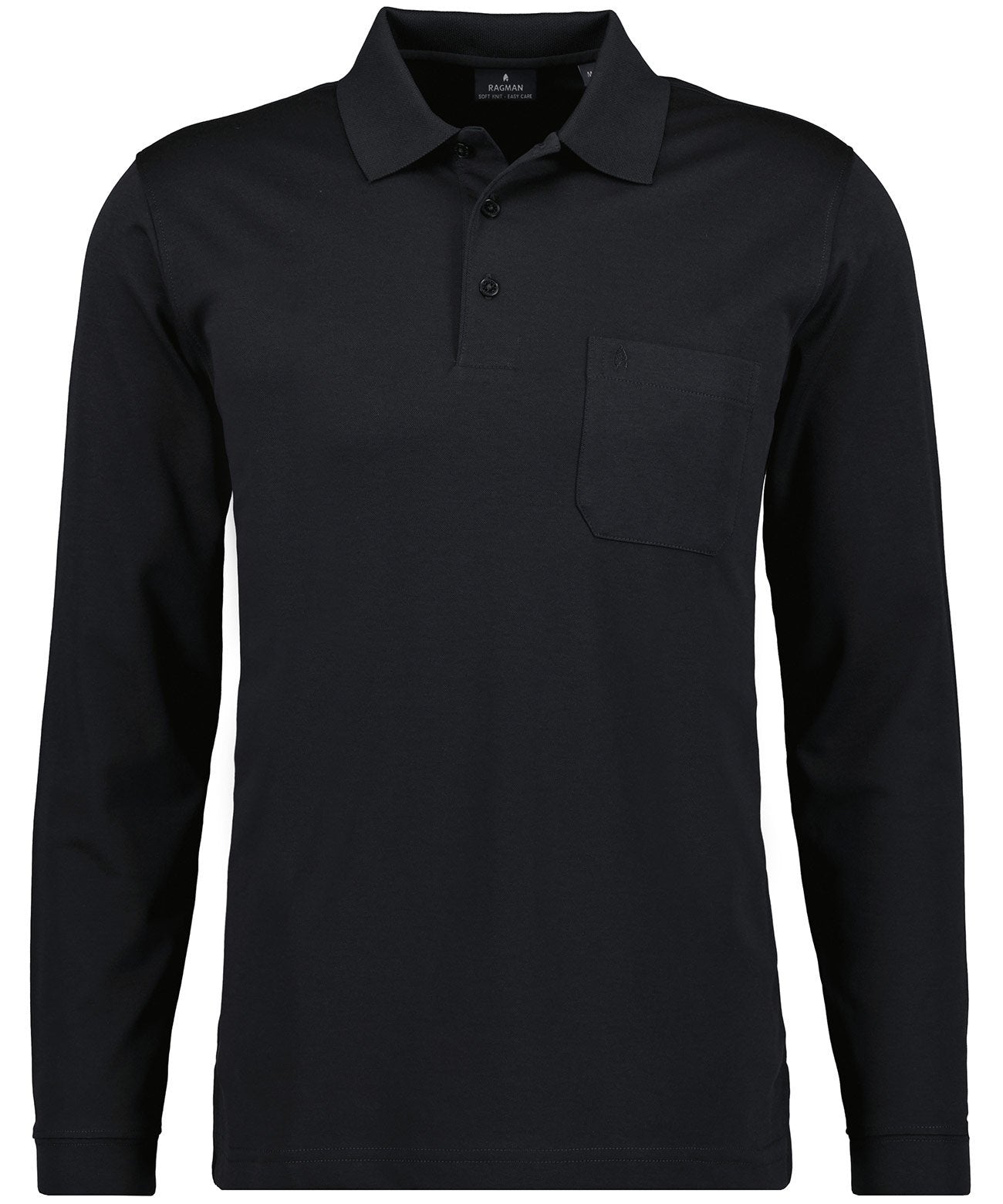 Softknit-Polo mit Brusttasche, Langarm (Schwarz)