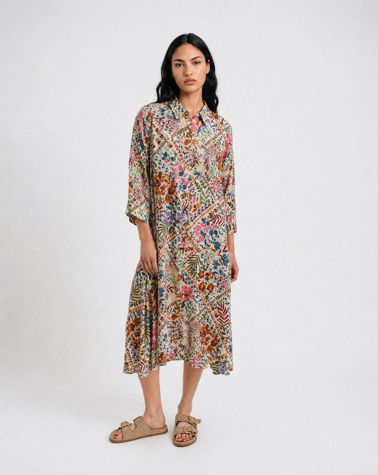 A-shape Shirt Dress (Beige Print)