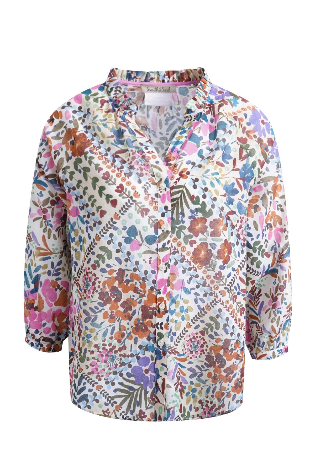 Raglan Ruffle Neck Blouse (Beige Print)