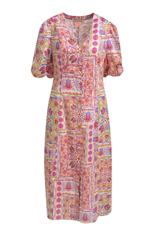 Fitted V-neck Placket Dress (Lilac Print)