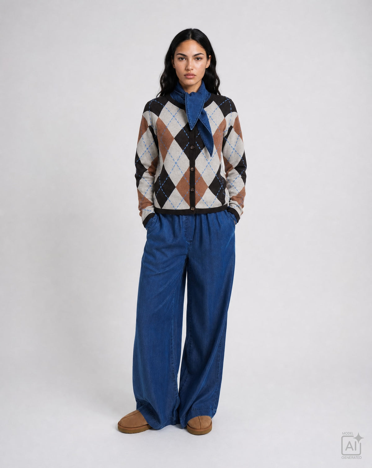 Argyle Button Cardigan (Sand Print)