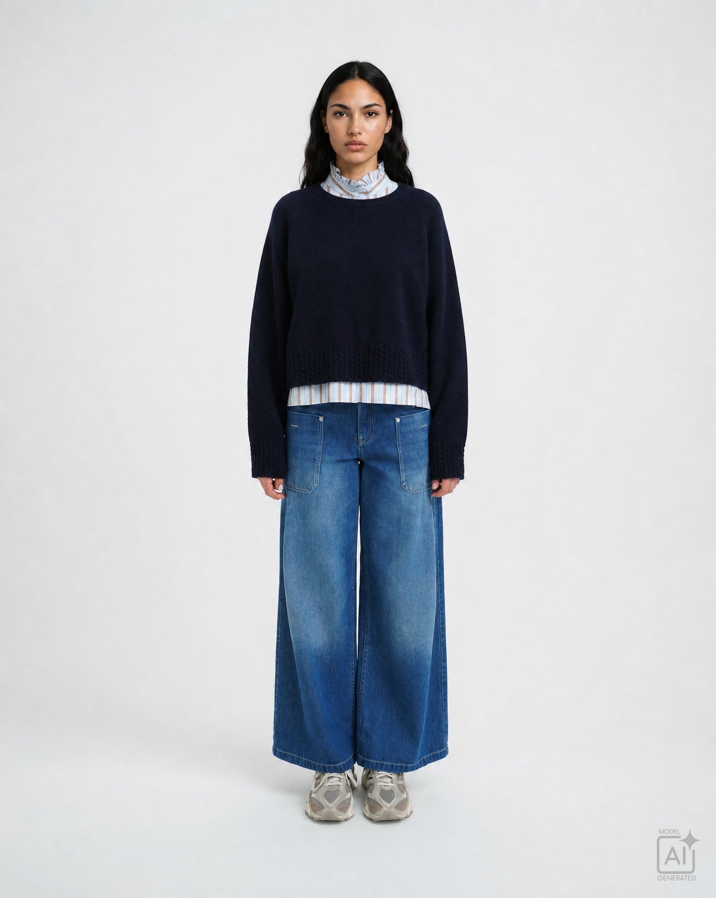 Round Neck Pullover Cable Hem (Marine)