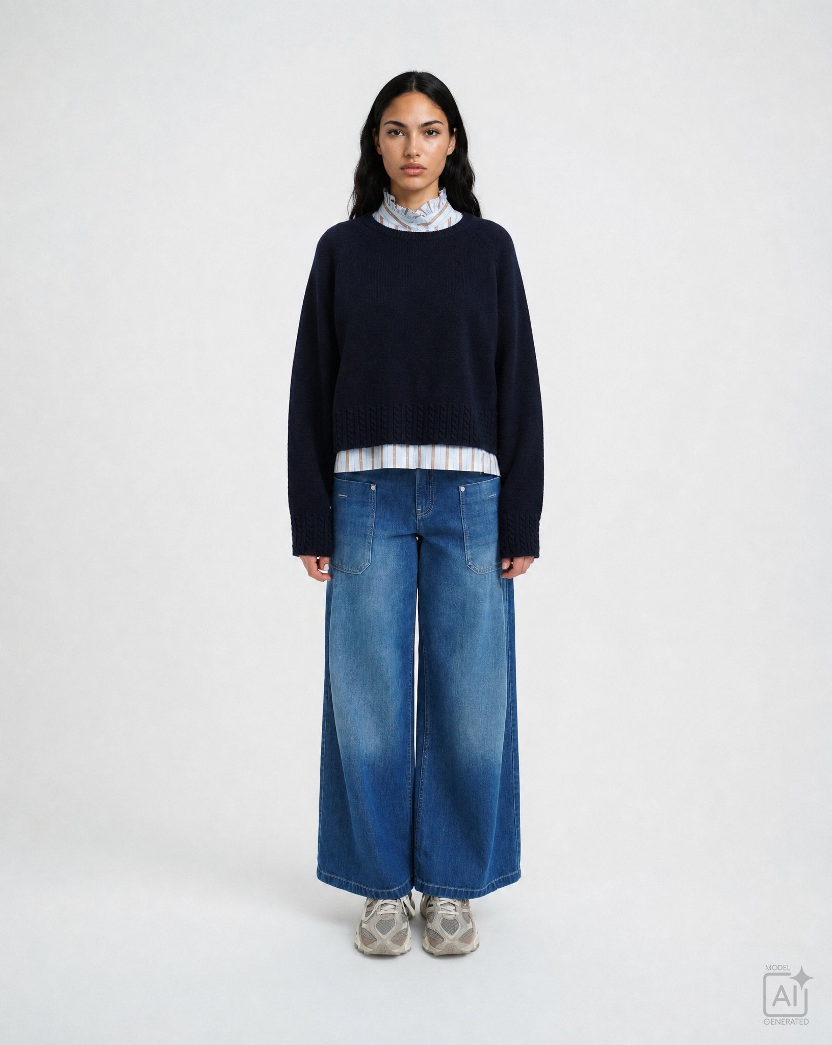 Round Neck Pullover Cable Hem (Marine)