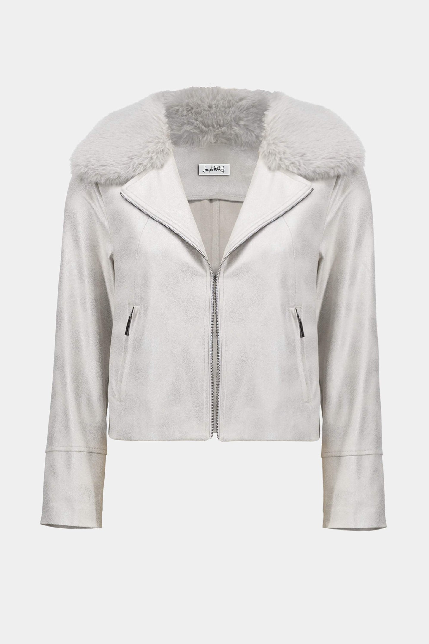 Jacke aus foliertem Wildleder mit Kragen aus Kunstpelz (Perlmutt)
