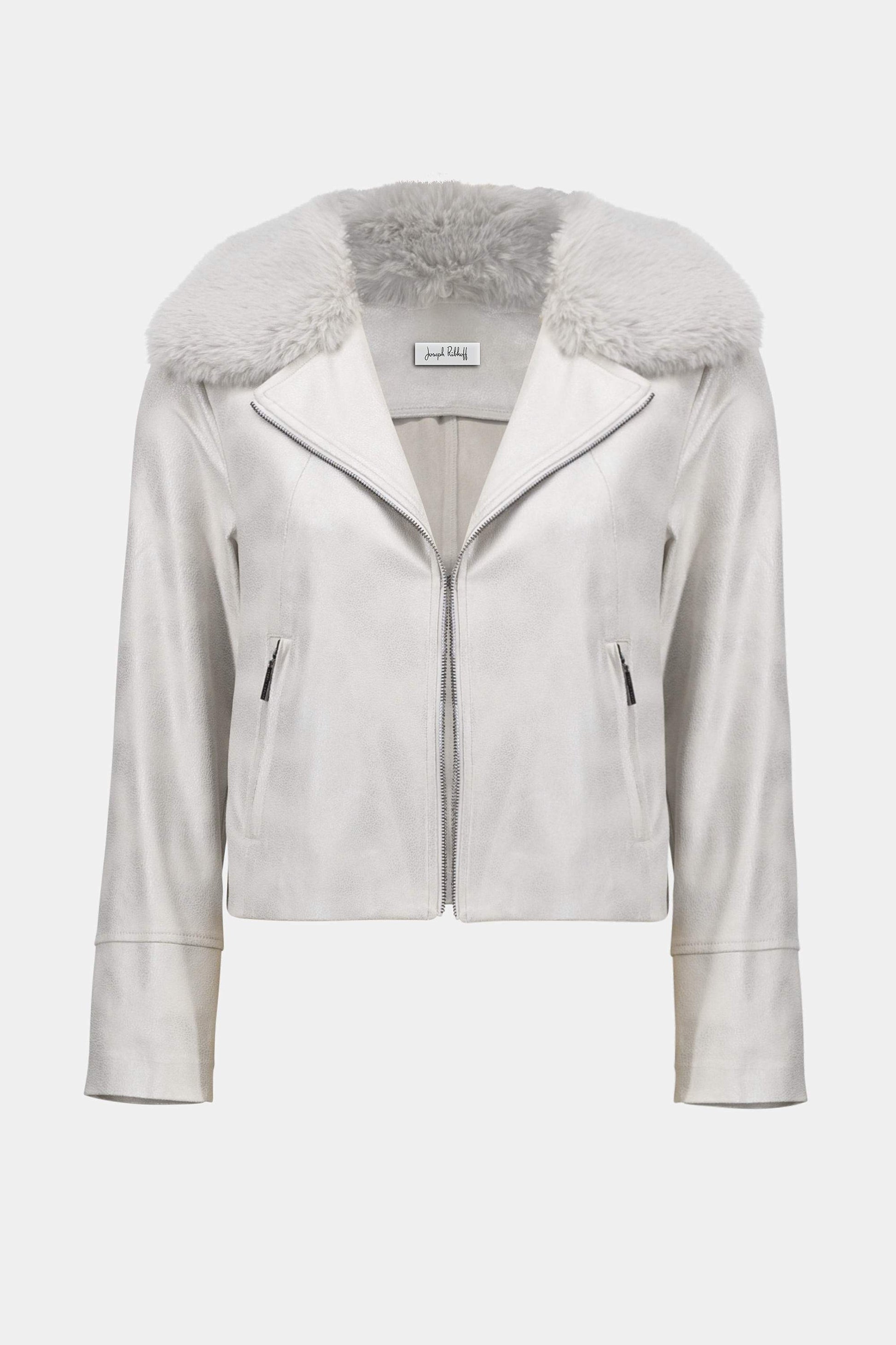 Jacke aus foliertem Wildleder mit Kragen aus Kunstpelz (Perlmutt)