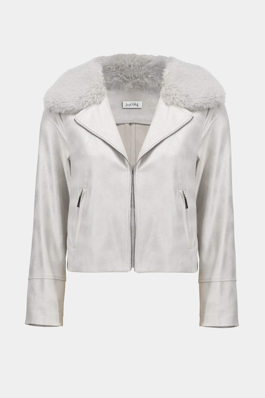 Jacke aus foliertem Wildleder mit Kragen aus Kunstpelz (Perlmutt)