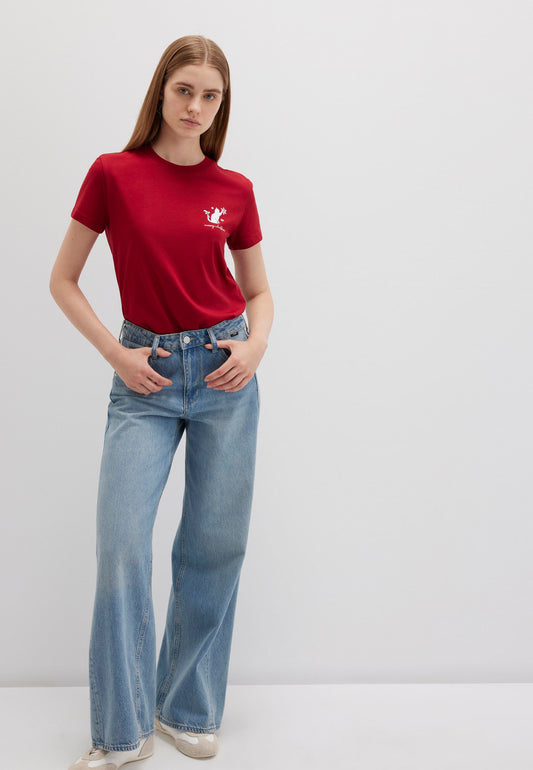 Cat Printed  T-shirt (Red Dahlia)