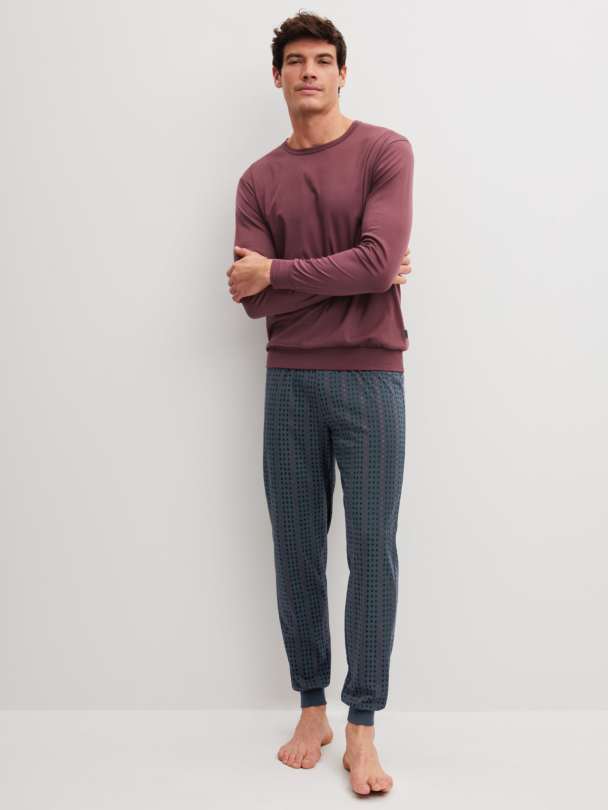 HERREN Pyjama mit Bündchen (Mahogany Red)