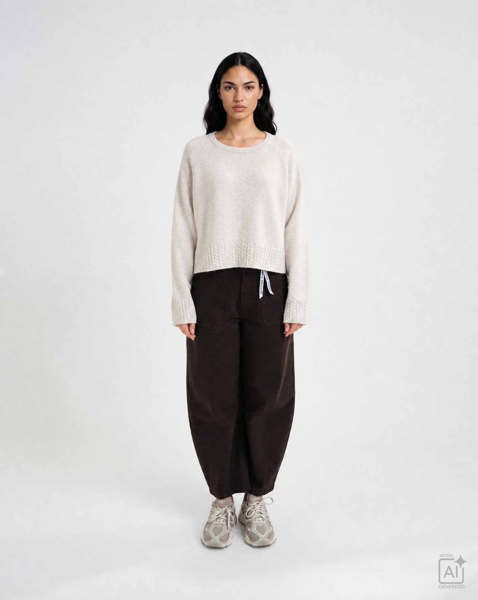 Round Neck Pullover Cable Hem (Oat Milk)