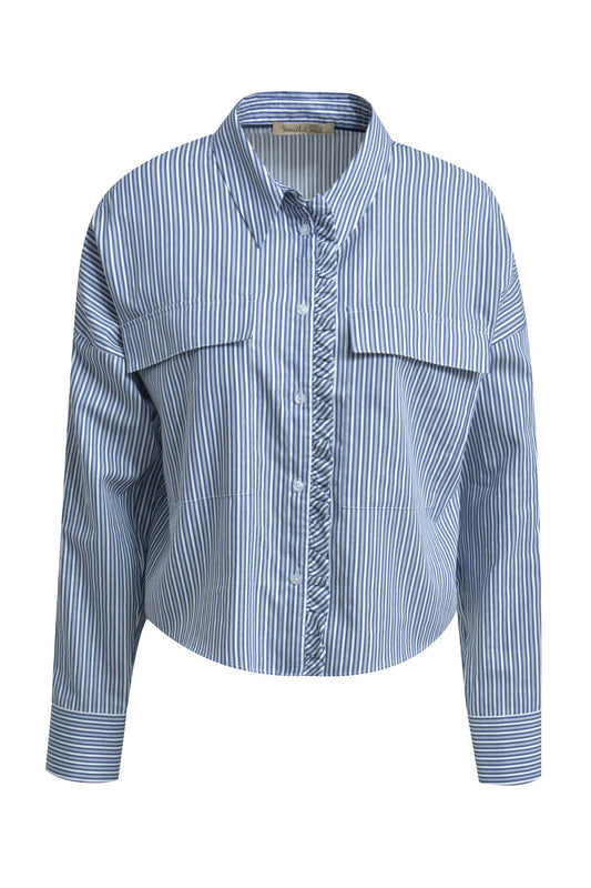 Striped Boxy Blouse with Ruffle Edge (Dark Denim Prin)