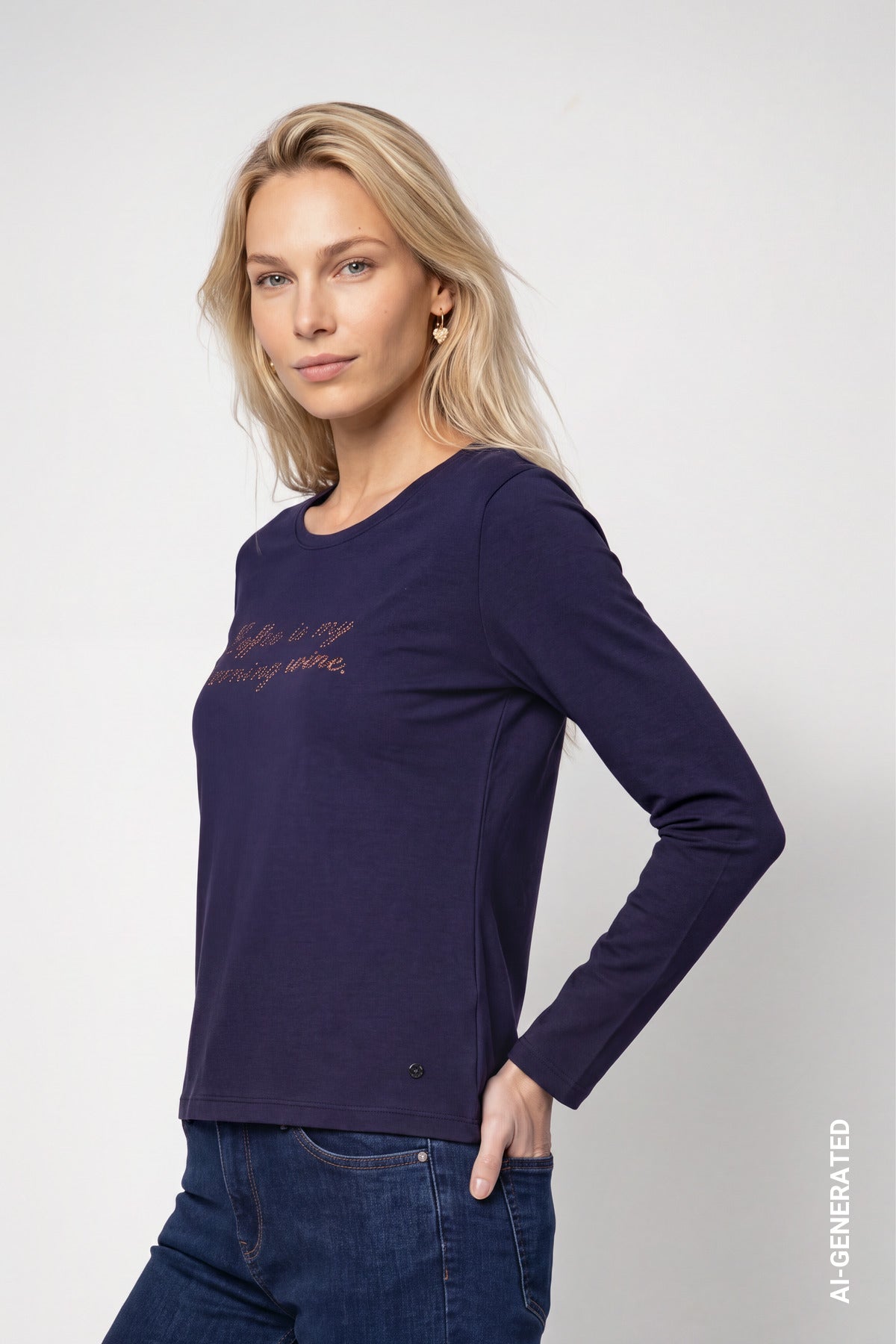 Langarmshirt mit Strassschriftzug (Dark Blue)