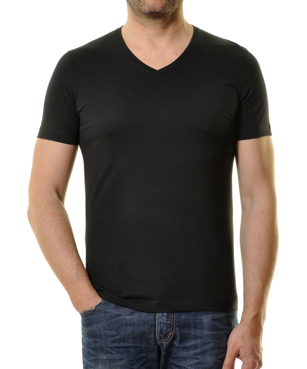 2 T-Shirt Doppelpack Bodyfit mit V-Ausschnitt (Schwarz)