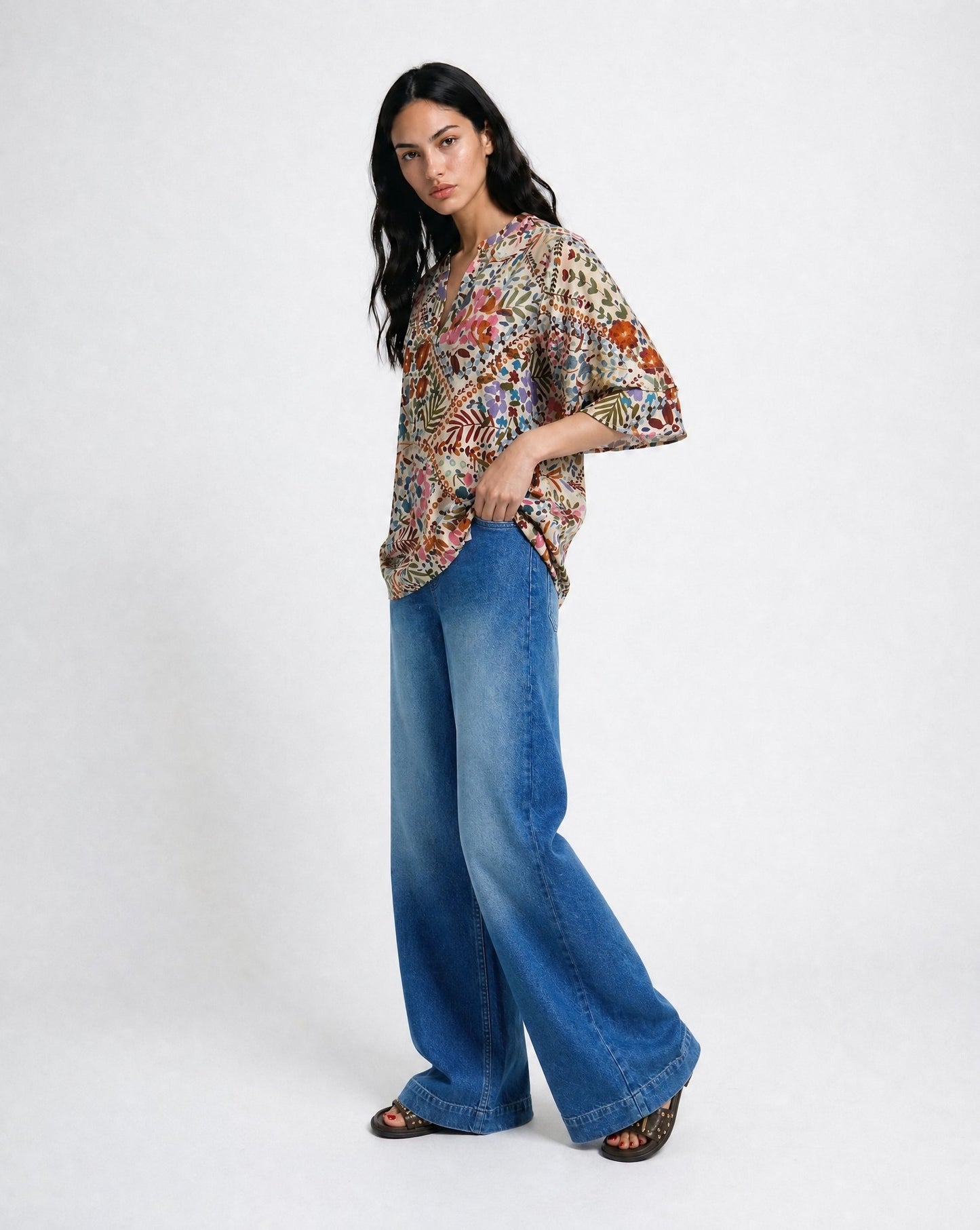 Raglan Ruffle Neck Blouse (Beige Print)