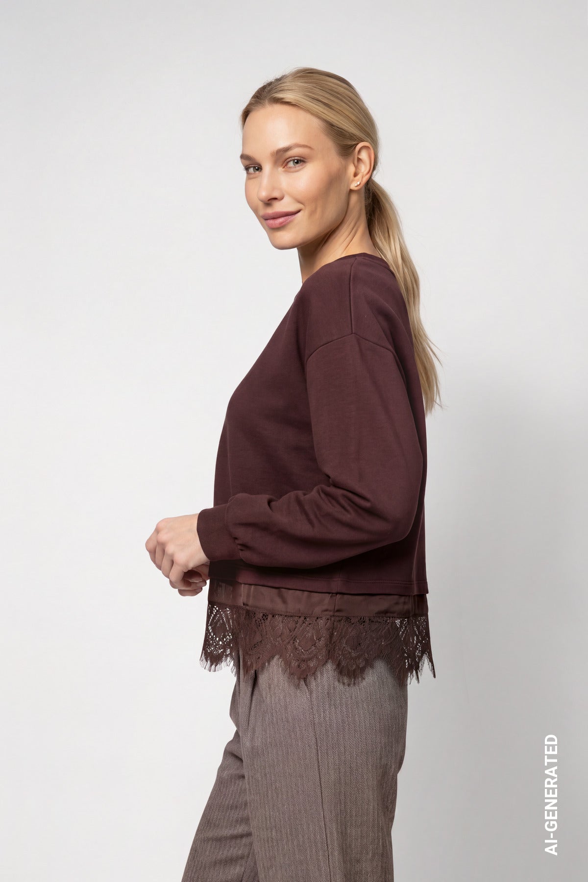 Sweatshirt mit Spitzenborte (Dark Brown)