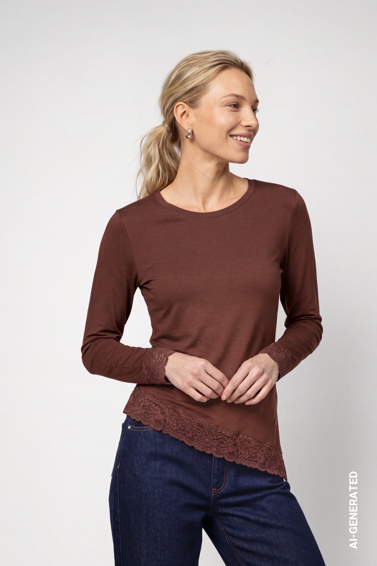 Langarmshirt mit Spitzenborte (Chocolate Brown)