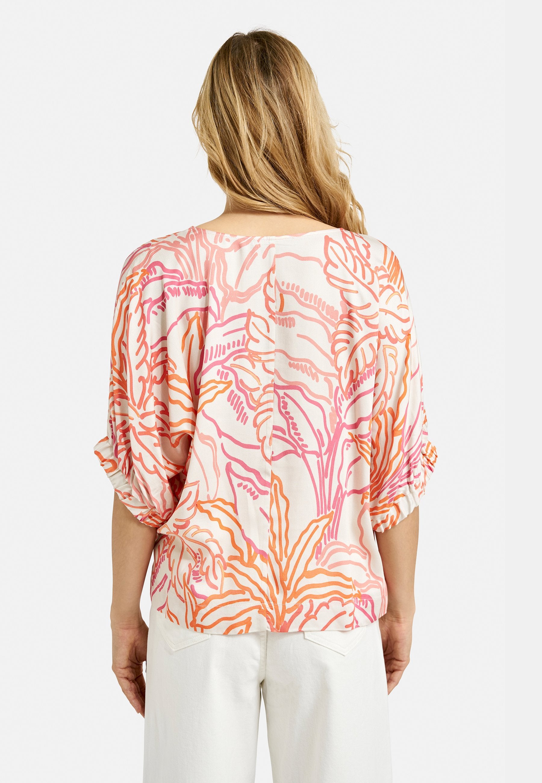 Round Neck Gathered Cuff Blouse (Coral Print)