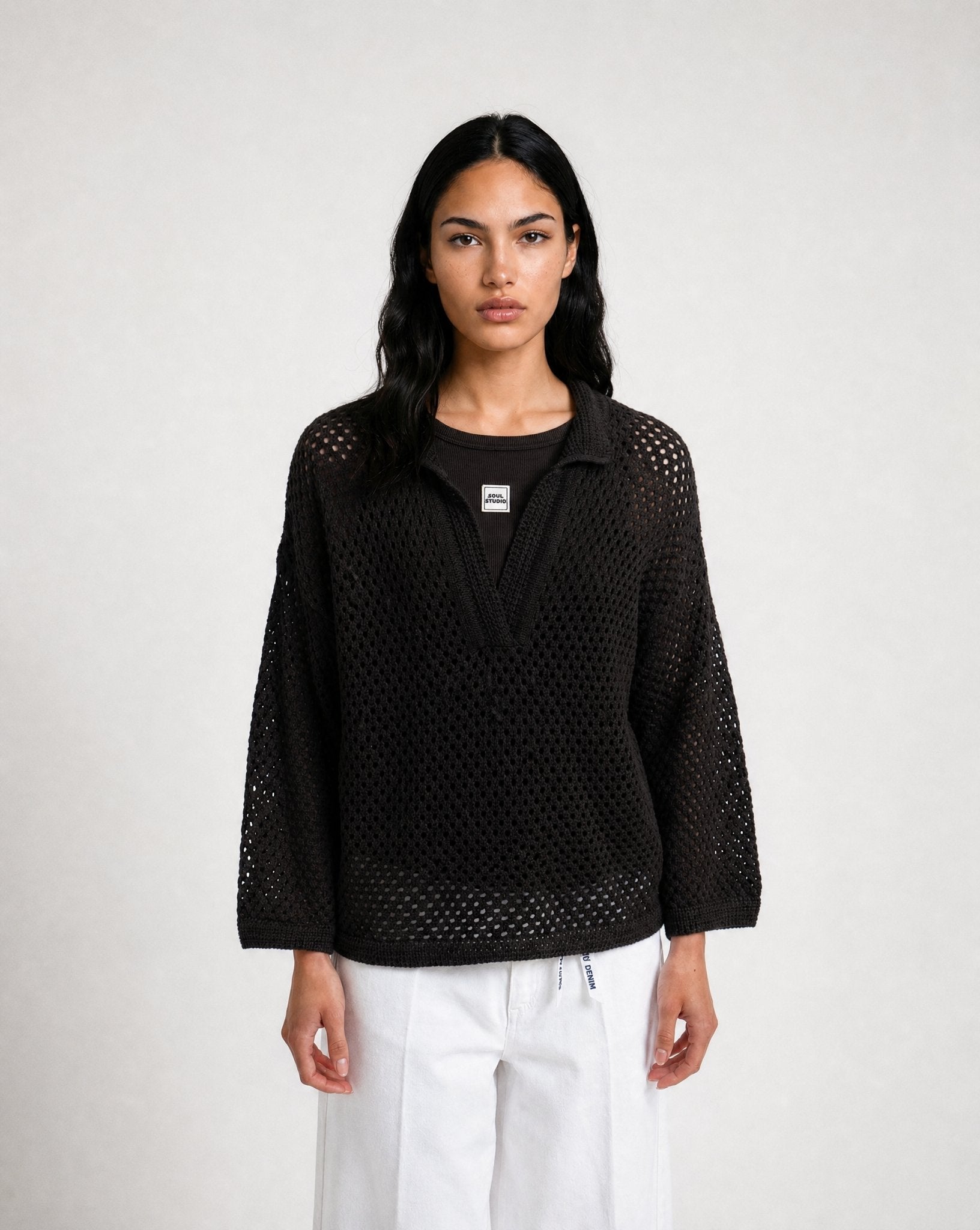 Crochet Polo Collar Pullover (Dark Choc)