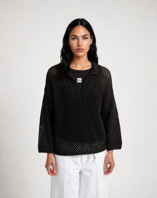 Crochet Polo Collar Pullover (Dark Choc)