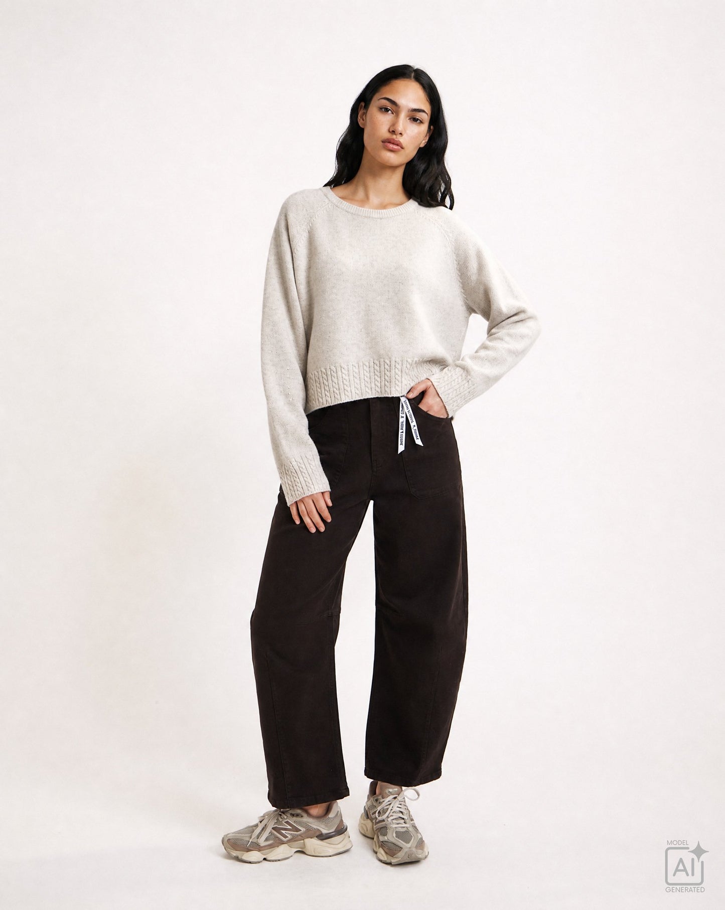 Round Neck Pullover Cable Hem (Oat Milk)