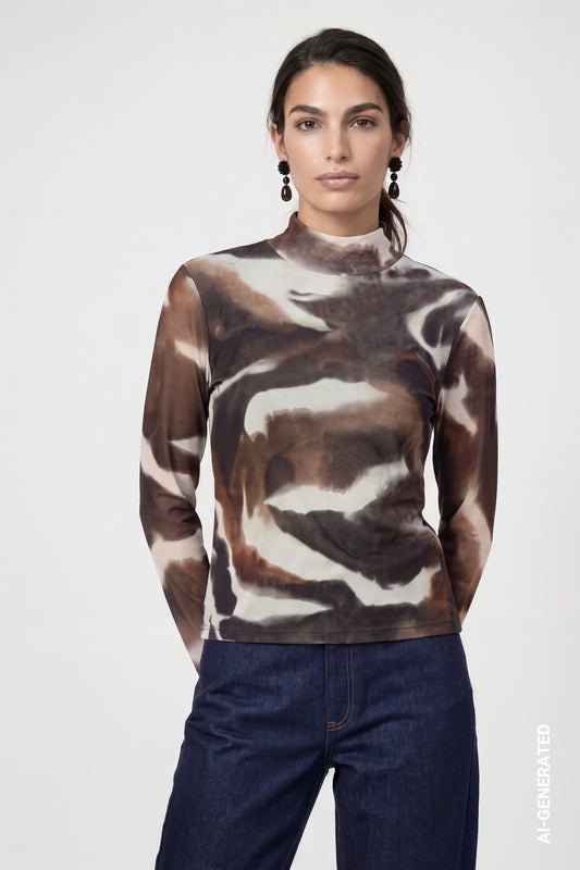 Mesh Langarmshirt mit Batikoptik (Chocolate Brown)