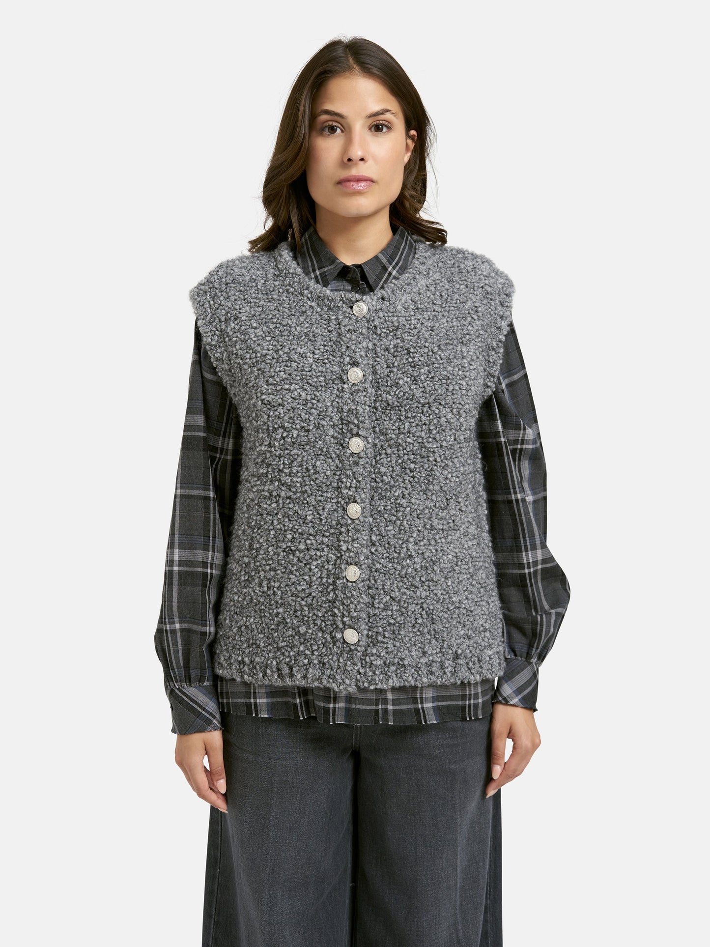 BouclÃ© Knit Vest with Buttons (Grey Melange)