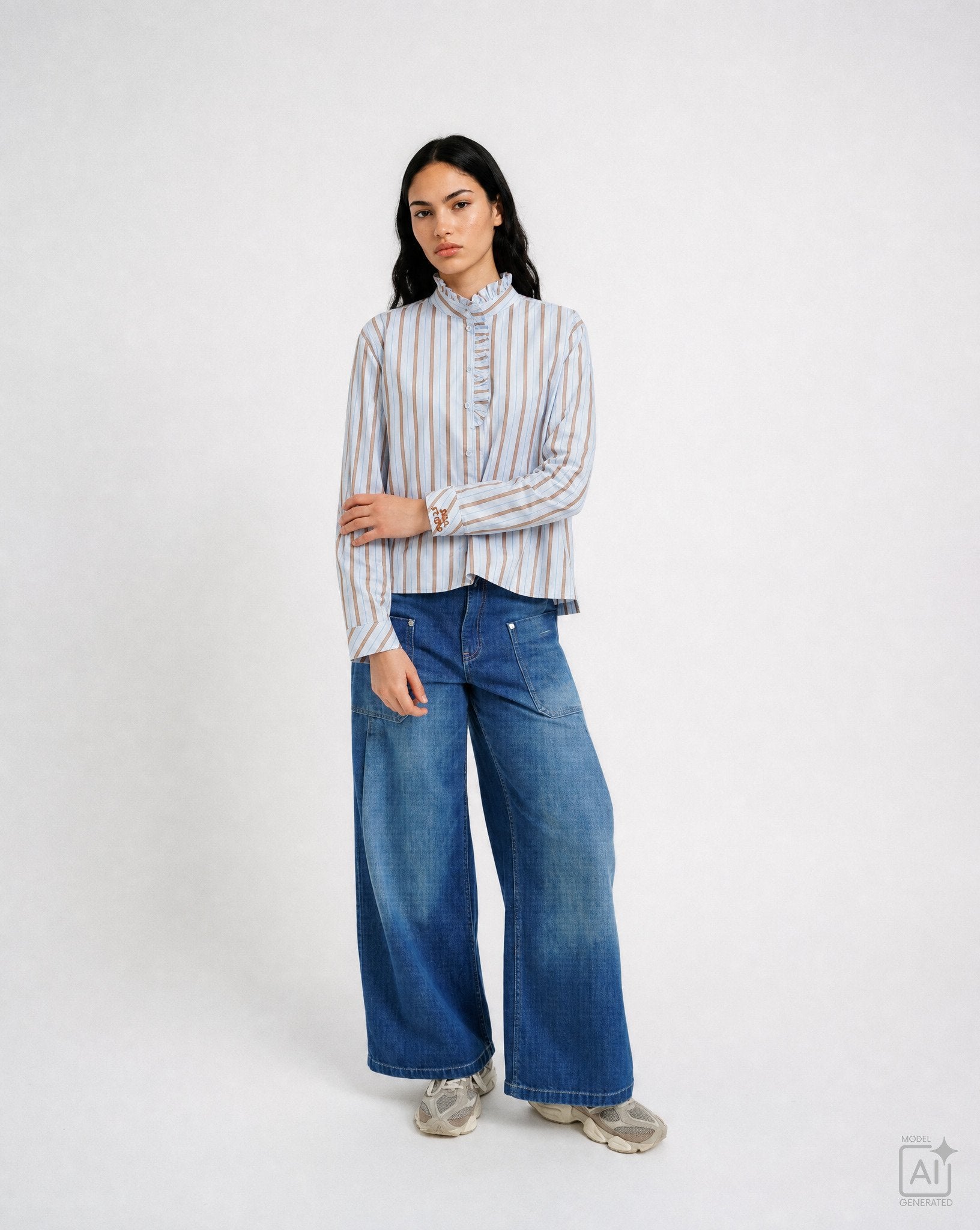 Striped Ruffle Blouse (Light Blue Prin)