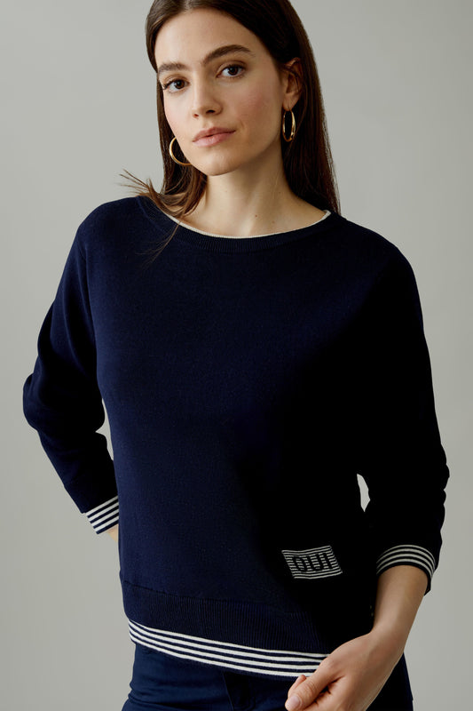 LEEZA Pullover reine Baumwolle (Dk Blue White)