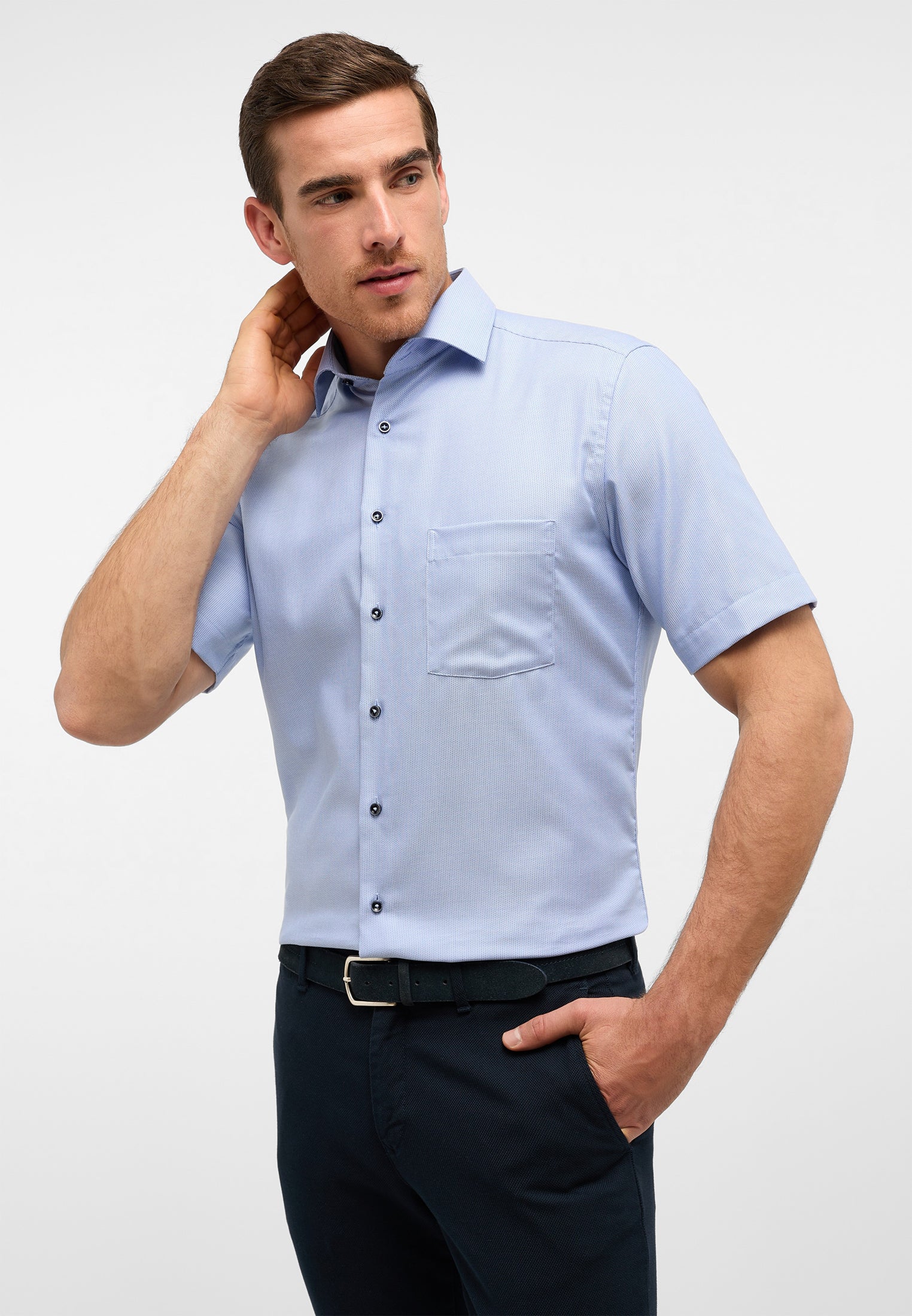 ETERNA strukturiertes Kurzarmhemd MODERN FIT (Mittelblau)