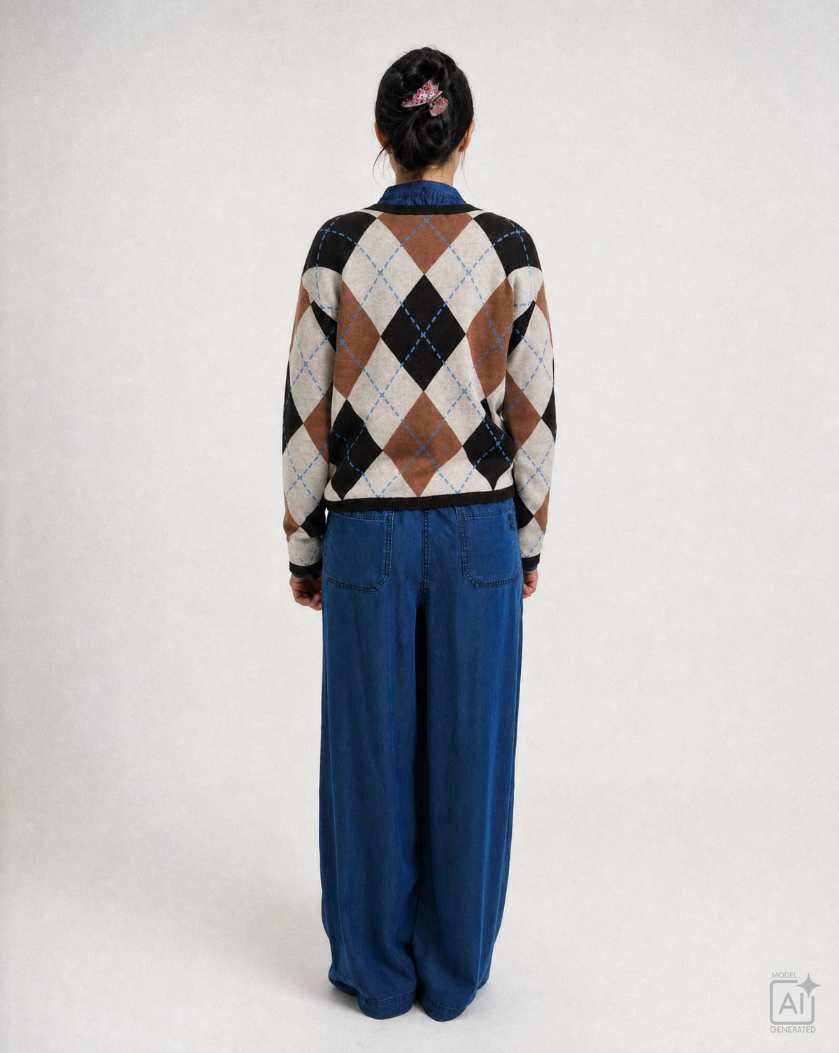 Argyle Button Cardigan (Sand Print)