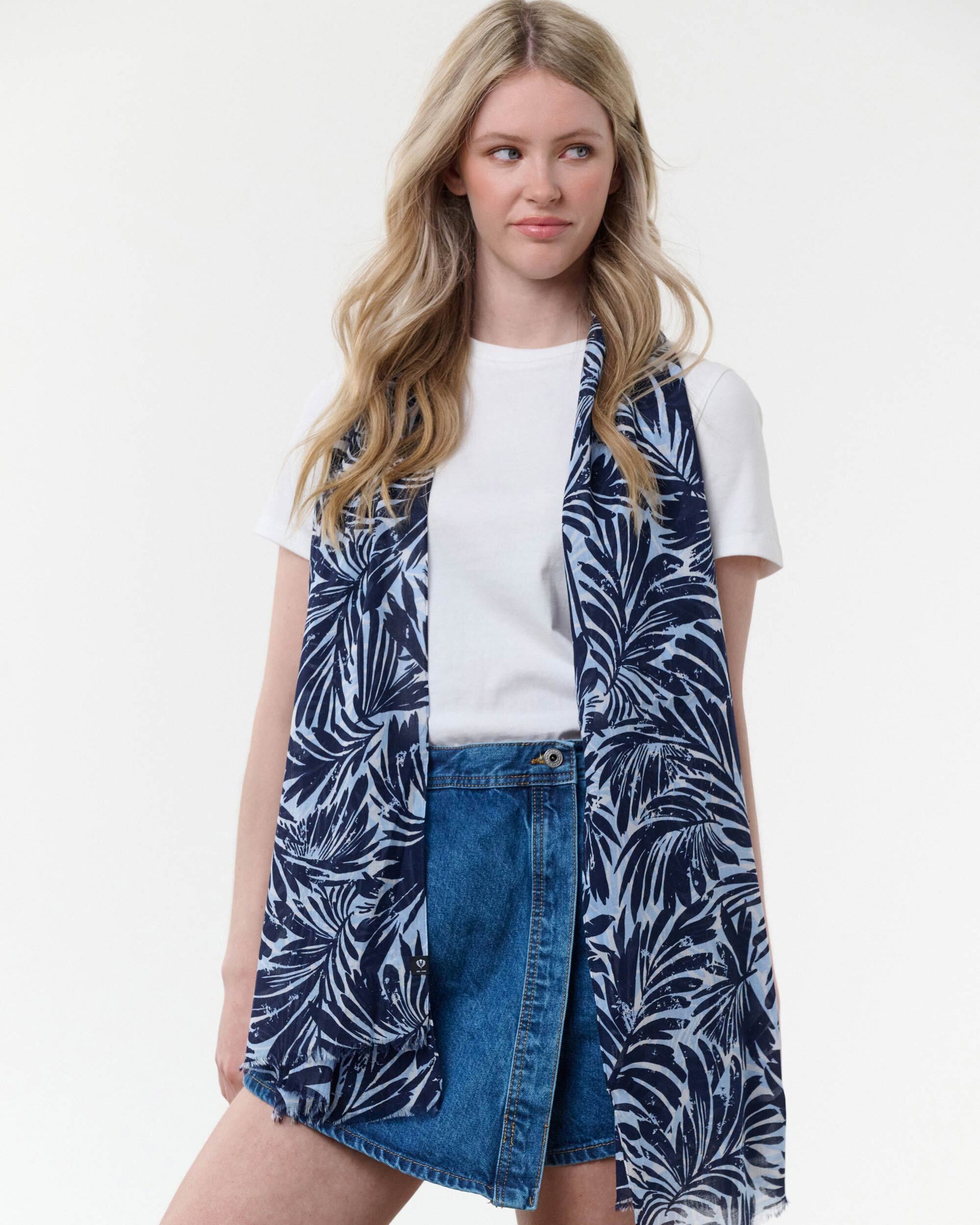 Schal Schal mit Palmenblatt-Design aus reiner Baumwolle (True Blue)