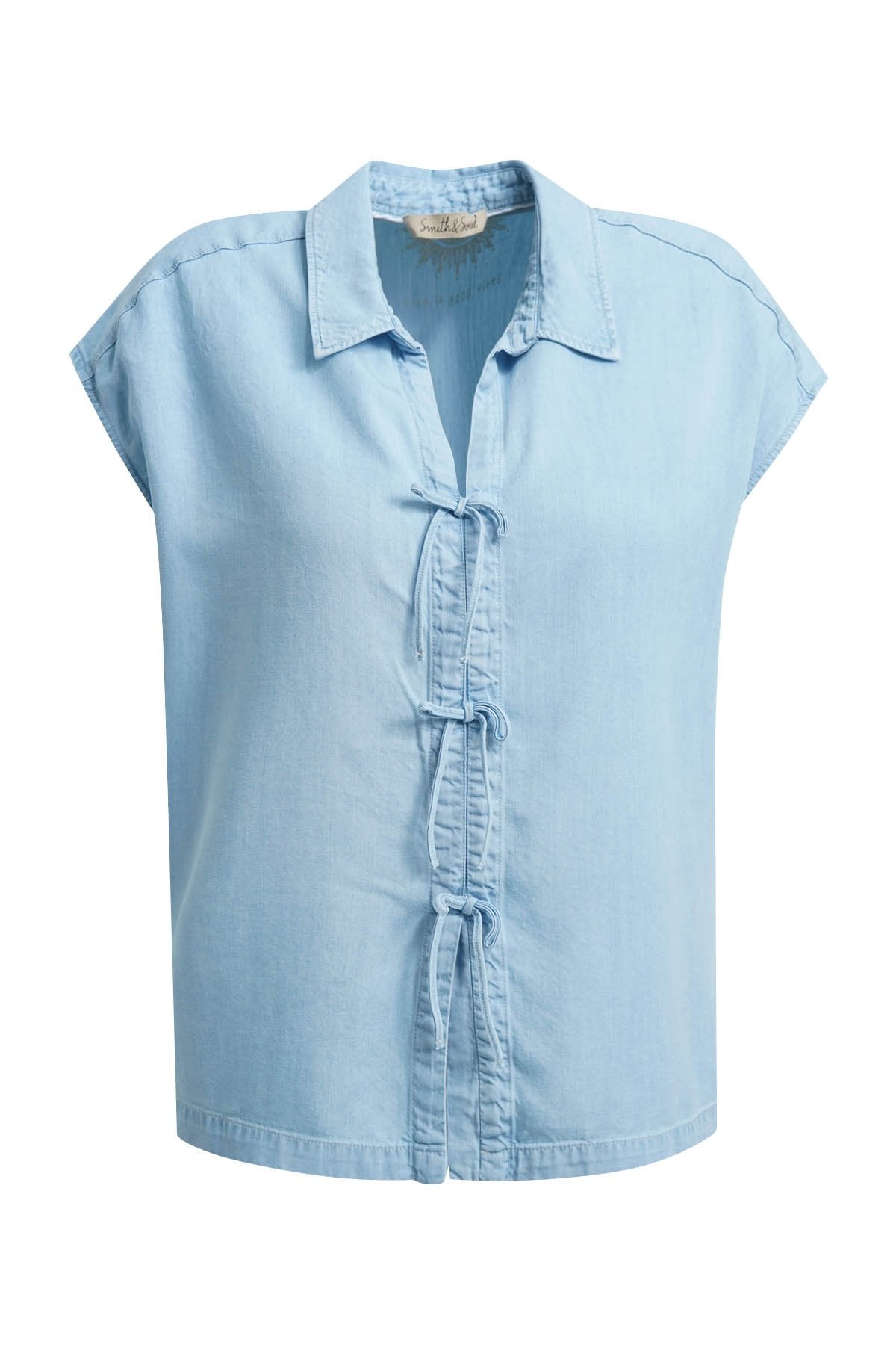Lyocell Denim Blouse with Bows (Light Denim)
