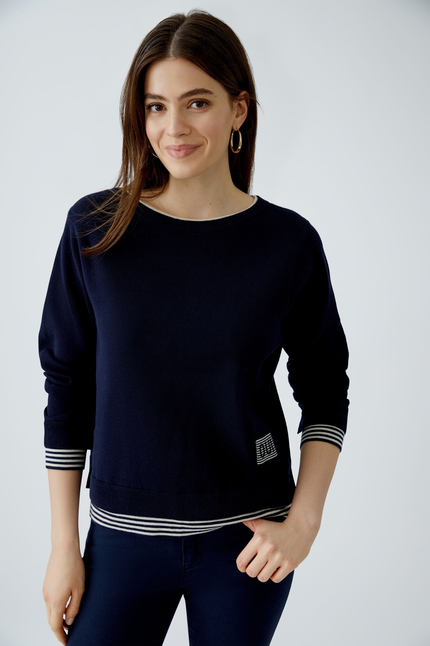 LEEZA Pullover reine Baumwolle (Dk Blue White)