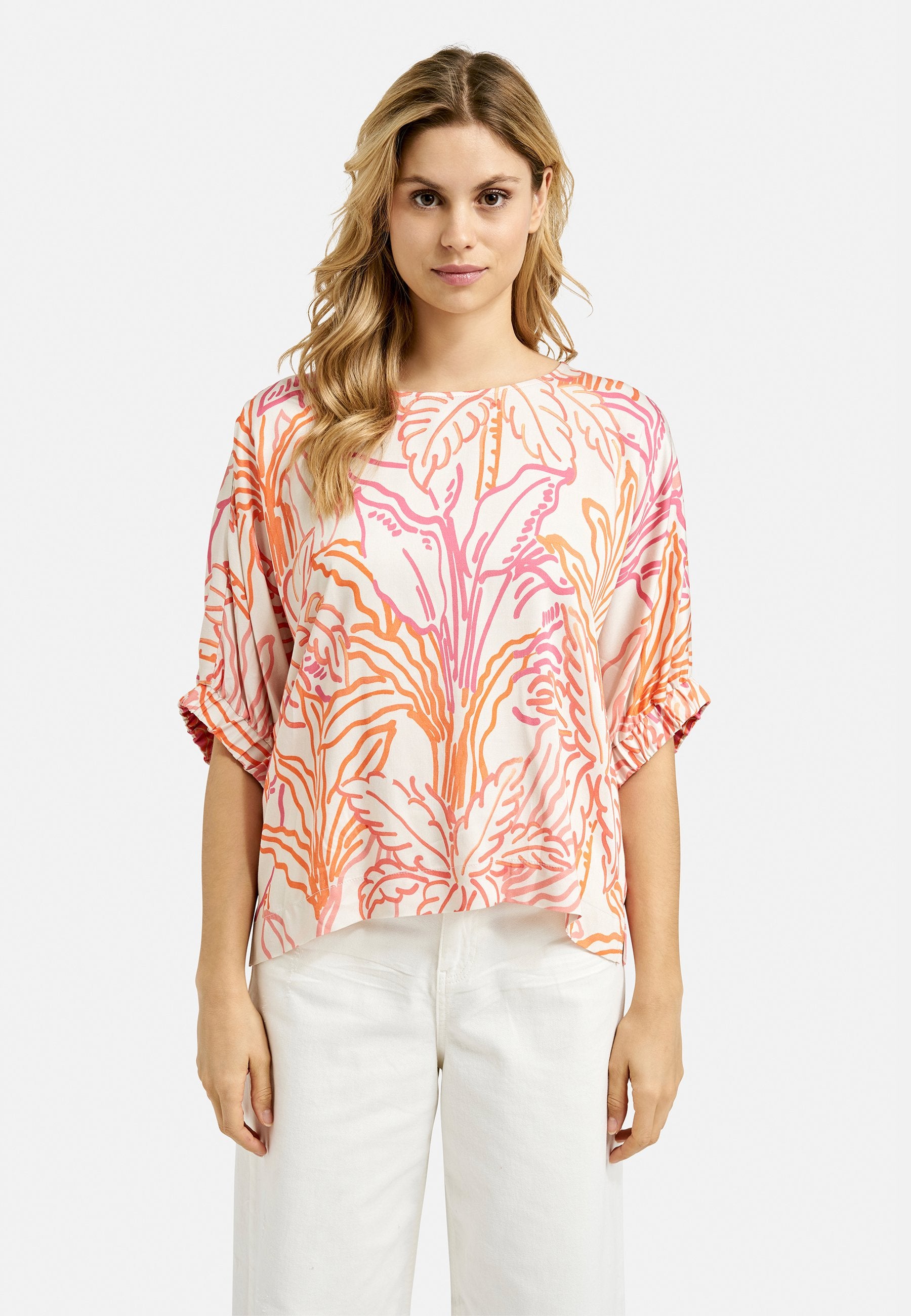 Round Neck Gathered Cuff Blouse (Coral Print)