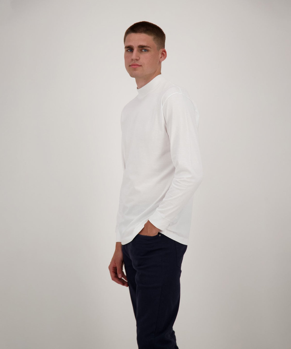Stehkragenshirt langarm (Weiss)