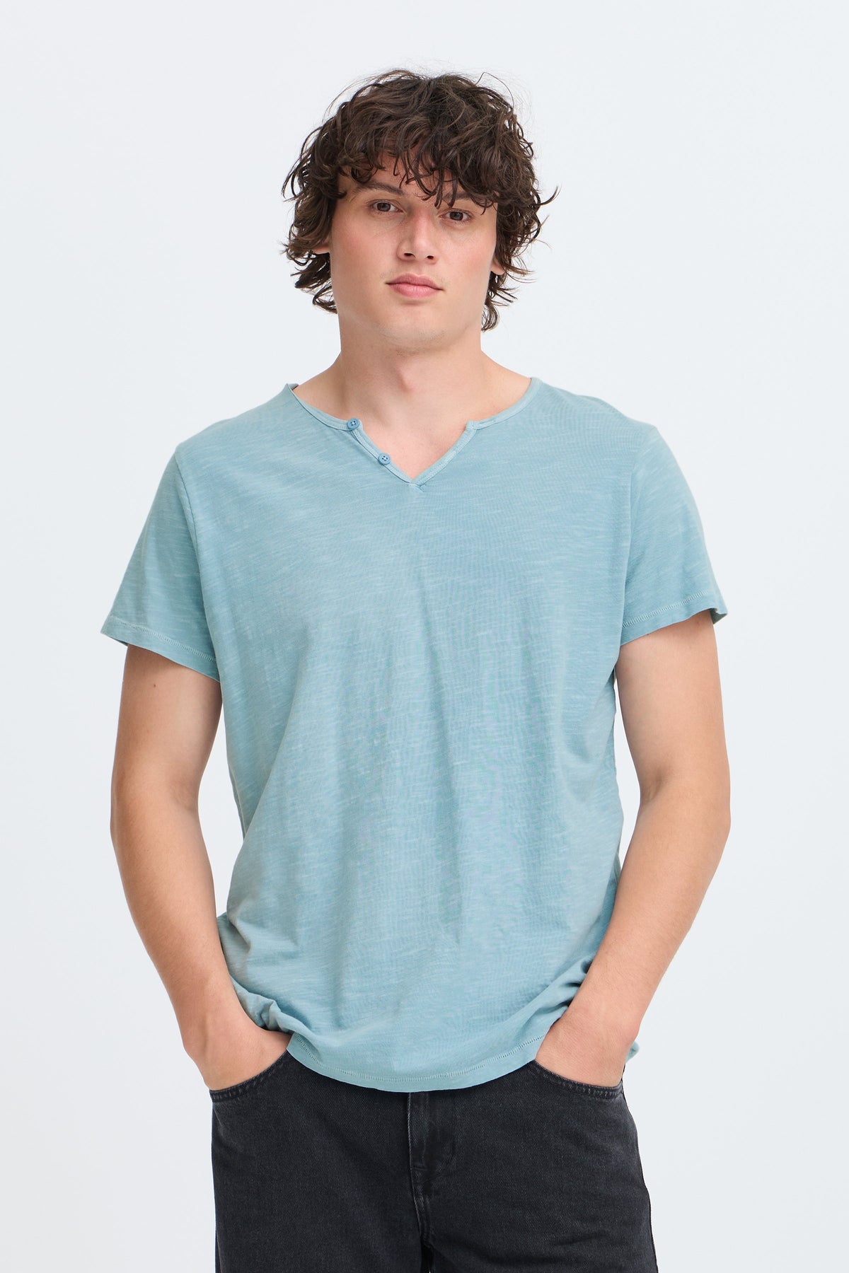 Bhaston Split Neck Tee (Dusty Blue)