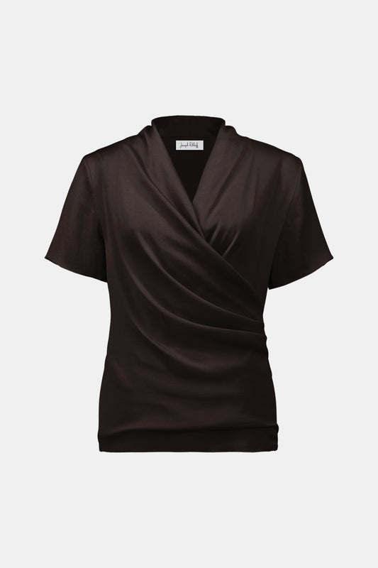 Wickelshirt aus recyceltem Satin und feinem Jersey (Mokka)