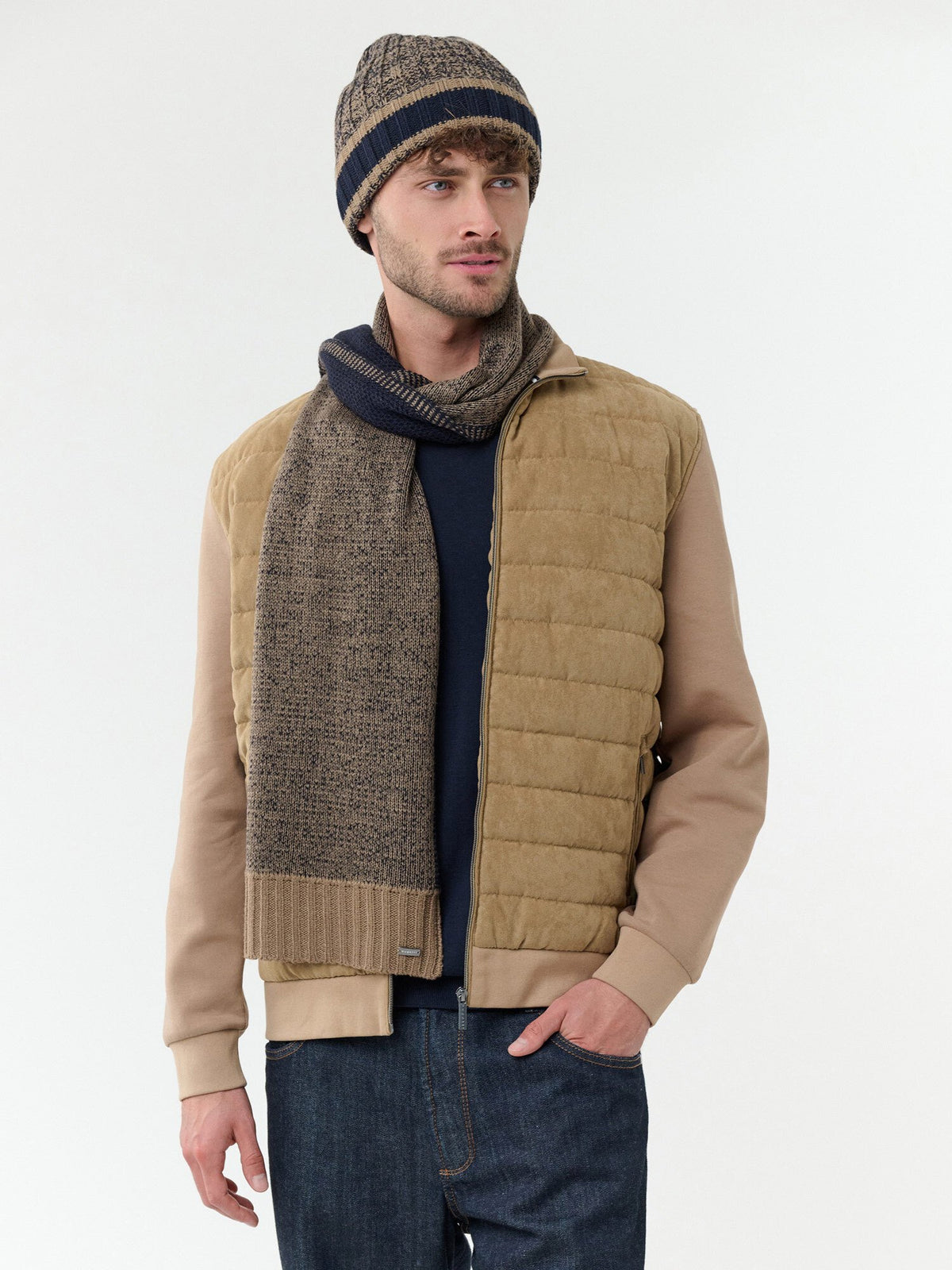 Polyacryl Kopfbedeckung Melierte bugatti Beanie mit farblich abgesetzem Umschlag (Navy)
