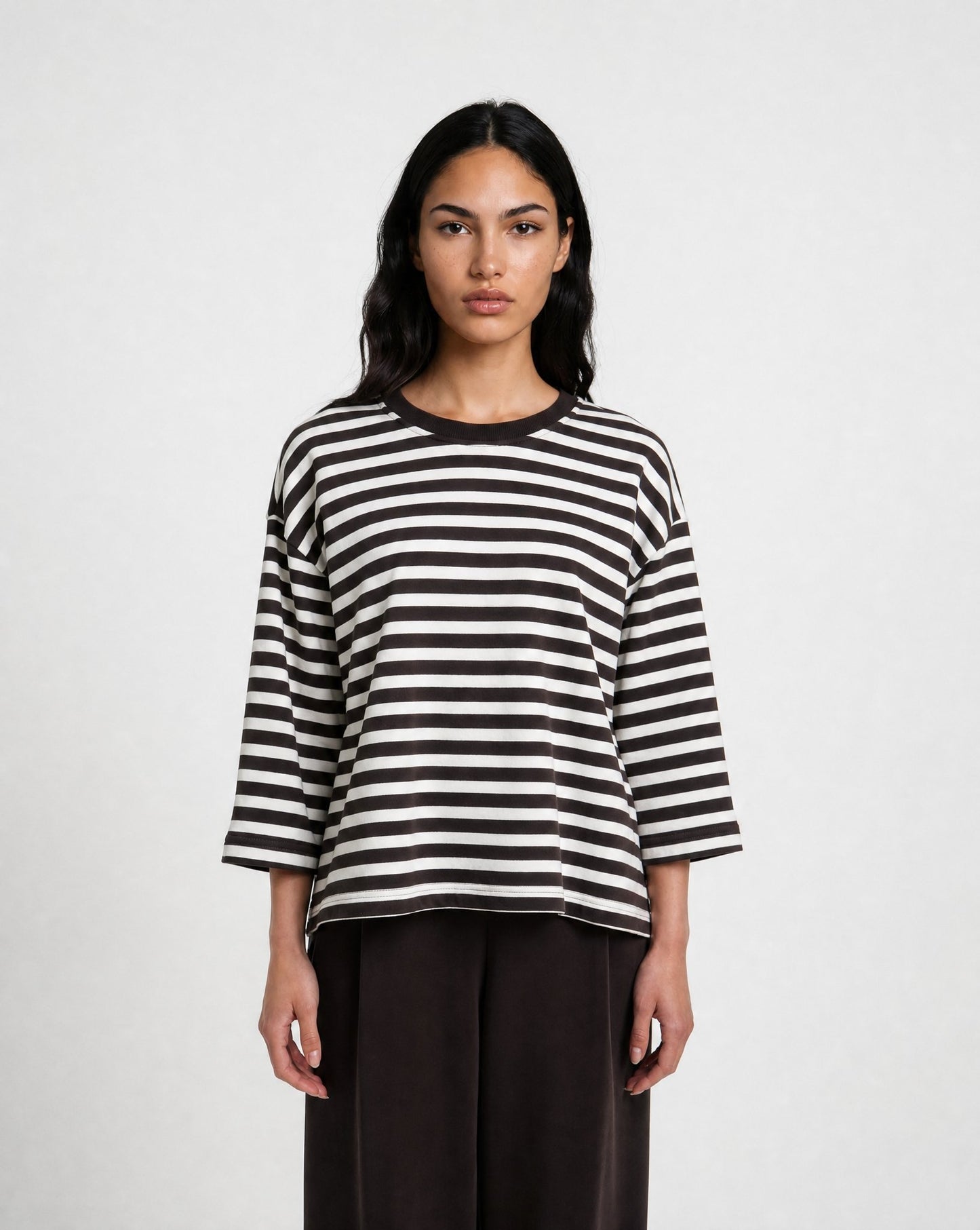 Relaxed Sweat Threequarter Sleeves Striped (Dark Choc)