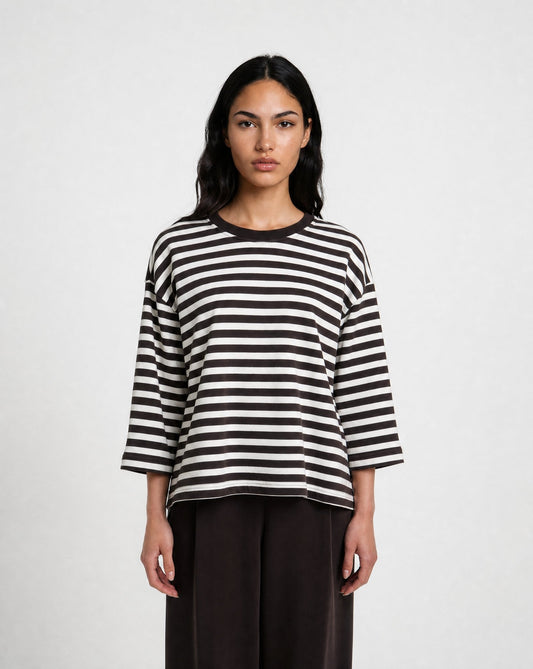 Relaxed Sweat Threequarter Sleeves Striped (Dark Choc)