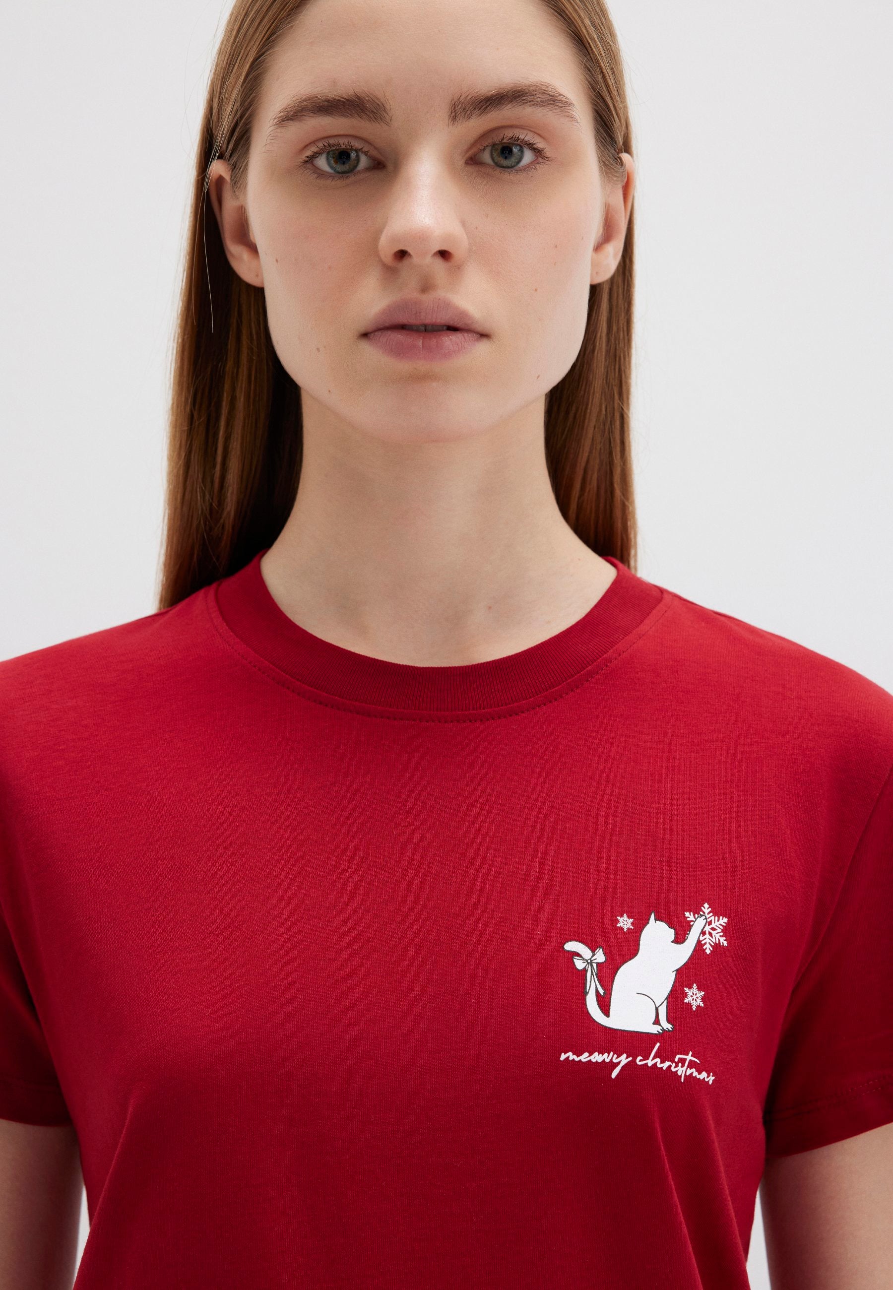 Cat Printed  T-shirt (Red Dahlia)