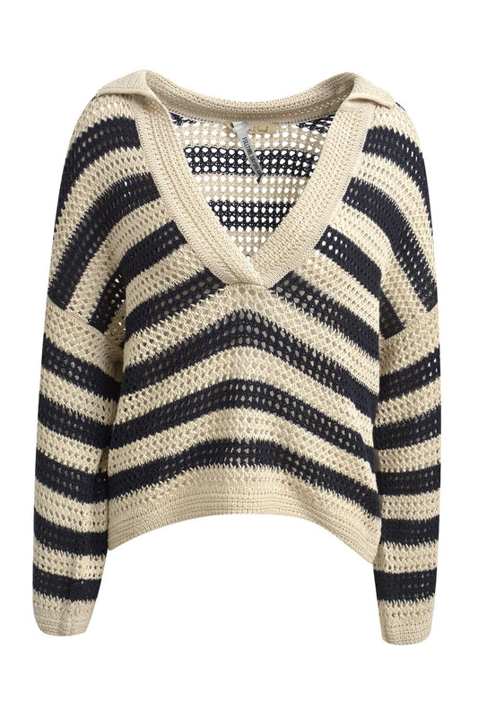 Striped Crochet Polo Collar Pullover (Marine Print)