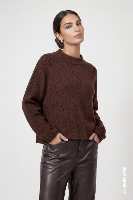 Flauschiger Strickpullover mit Rollsaum (Black Coffee)