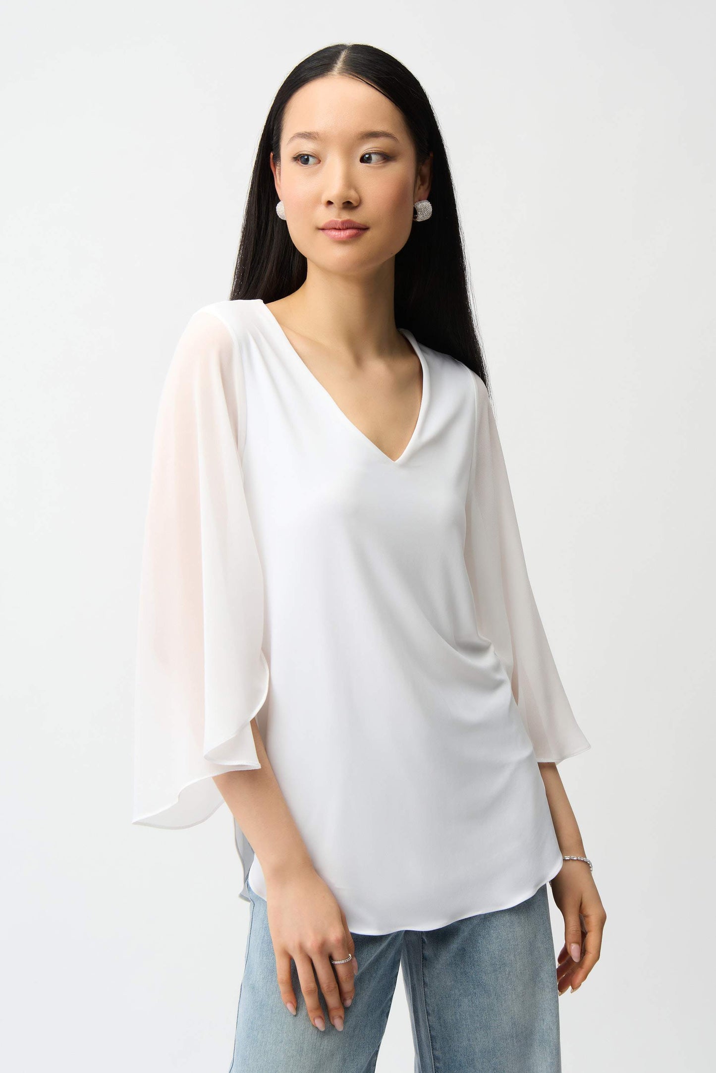 Gerade geschnittene Tunika aus feinem Jersey mit Tulpenärmeln aus Chiffon (Vanille)