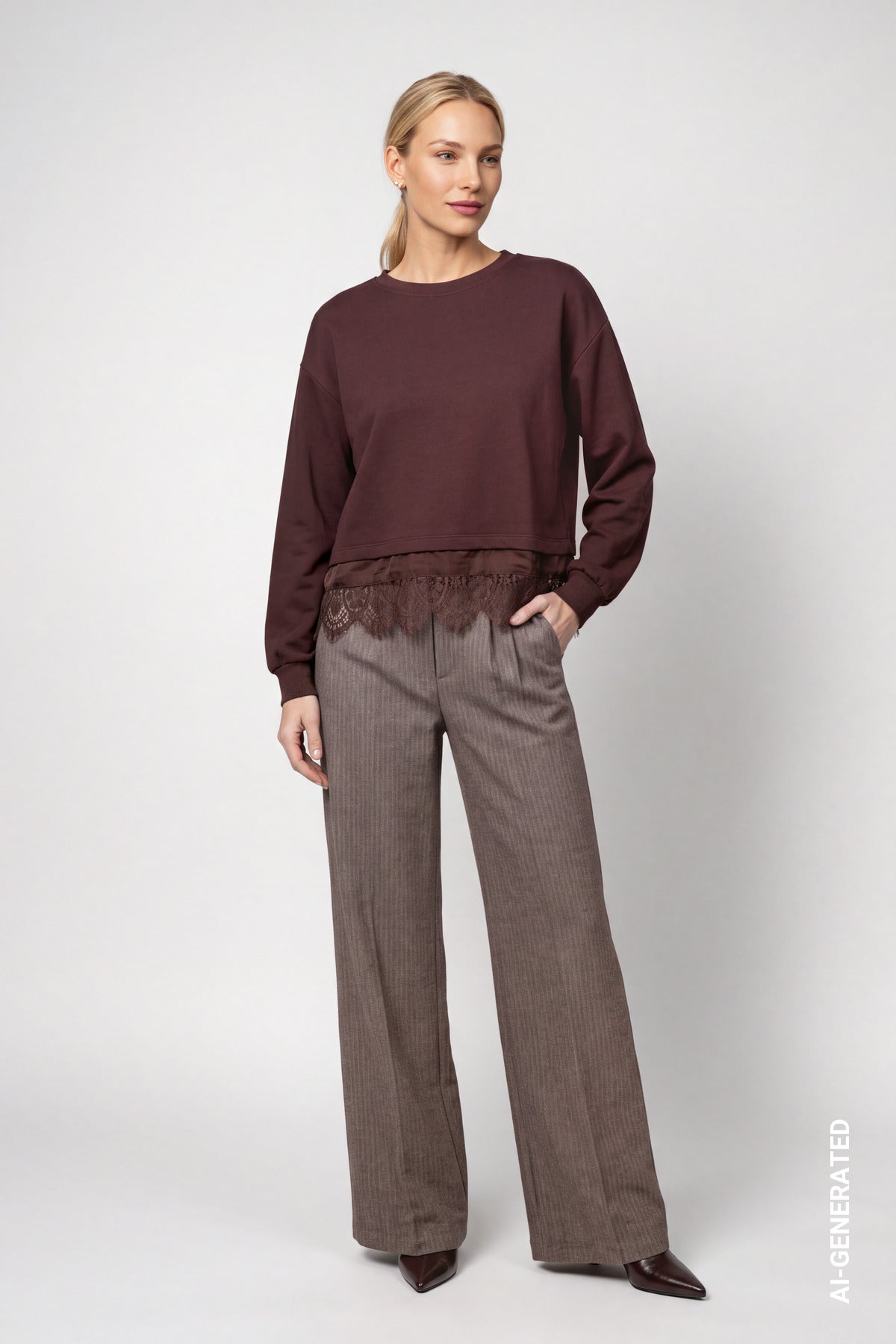 Sweatshirt mit Spitzenborte (Dark Brown)